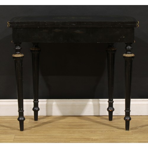 456 - A Napoleon III gilt metal mounted ebonised and brass marquetry card table, hinged top enclosing a ba... 