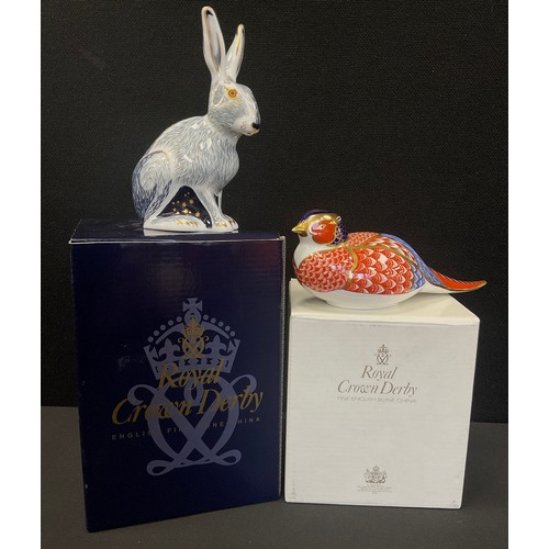 470 - Royal Crown Derby paperweights including; Starlight Hare and Pheasant, both gold stoppers, both boxe... 