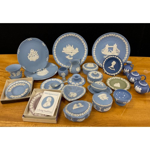 471 - Wedgwood jasperware including; powder blue plates, trinket dishes, boxes; etc.