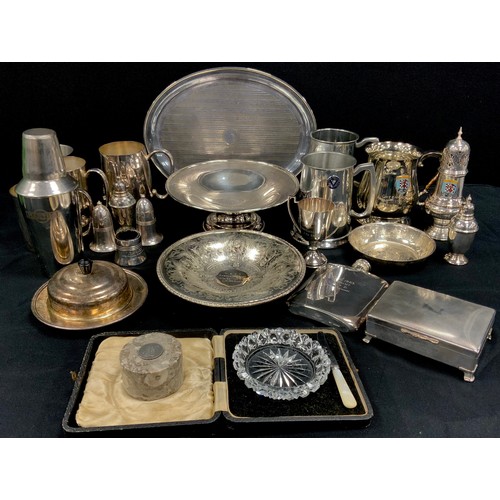 474 - Plated ware including; fossil stone paperweight with silver mount, circular dishes, tankards, martin... 