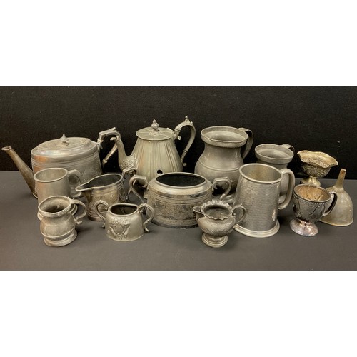 532 - Metalware - Victorian pewter ale mug with waisted body,  others smaller, teapots, etc qty.