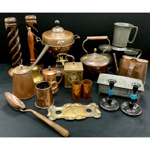 534 - Copper - copper samovar, 34cm high, copper kettle, tankard, Harbour watering can; etc.