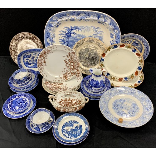 554 - Late 19th century ceramics including; blue and white tea ware, meat dish, 48cm long, warming pan, fo... 