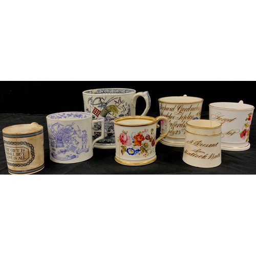 600 - A 'Tykes Motto' earthenware mug, a 'Trust in God' mug, others similar; Victorian hand painted christ... 