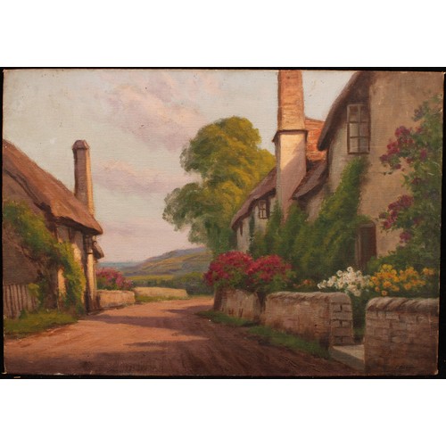 605 - F. Bamber (English School, 19th/20th century) 
Thatched Cottages 
signed, oil on board, 36.5cm x 52c... 