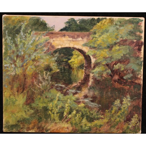 606 - M. Anne Viner (Reading Guild of Artists) 
The Kennet at Burghfield Bridge 
monogrammed, oil on canva... 