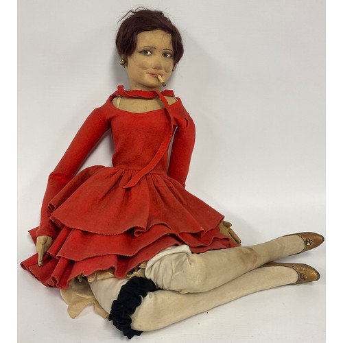 6412 - A Lenci Boudoir Doll, as a tall slender lady smoking, with short auburn hair, earrings, red felt dre... 