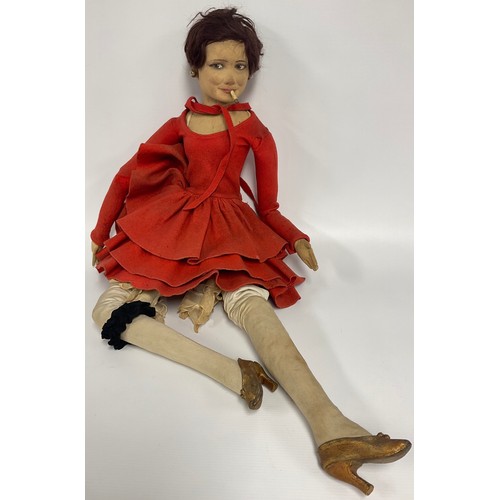 6412 - A Lenci Boudoir Doll, as a tall slender lady smoking, with short auburn hair, earrings, red felt dre... 