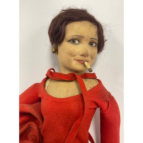 6412 - A Lenci Boudoir Doll, as a tall slender lady smoking, with short auburn hair, earrings, red felt dre... 