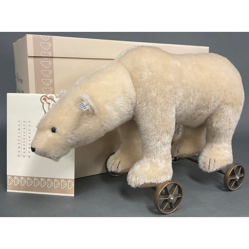 6381 - Steiff (Germany) EAN 400544, Polar Bear On Wheels 1910, replica, cream mohair, trademark 'Steiff' bu... 