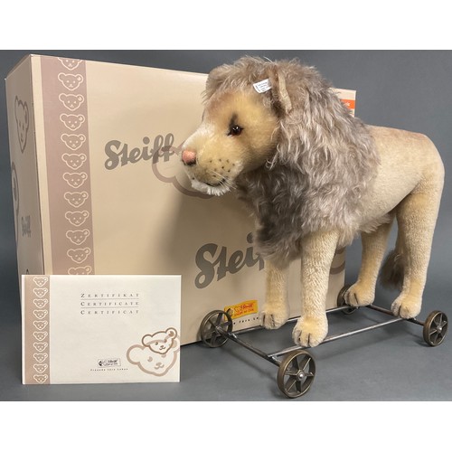 6380 - Steiff (Germany) EAN 400445, Lion On Wheels 1909, replica, dark blond mohair, trademark 'Steiff' but... 