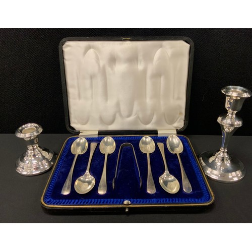 767 - A cased set of six silver tea spoons and sugar tongs, James Dixon & Sons, Sheffield 1917,131.8g; two... 