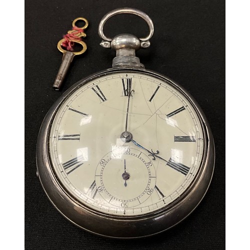 811 - A William IV silver pair cased pocket watch, cream dial, bold Roman numerals, subsidiary seconds, fu... 