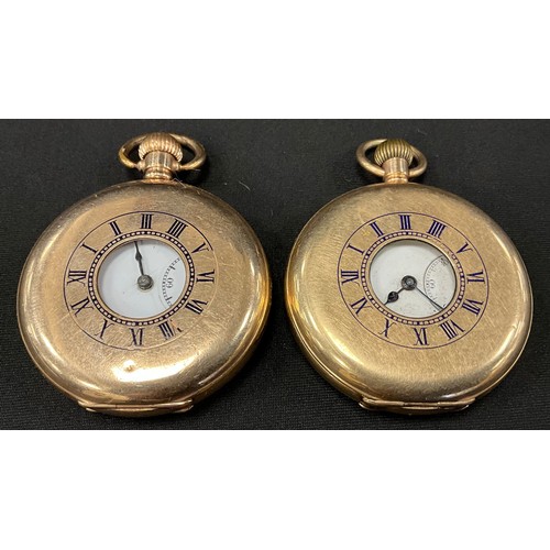 827 - A gold plated half hunter pocket watch, the white enamel dial signed Woffindin & Turner, Leeds, bold... 