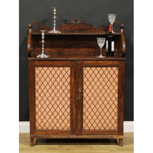 1526 - An unusual George IV simulated rosewood chiffonier, shaped superstructure with shallow shelf, above ... 