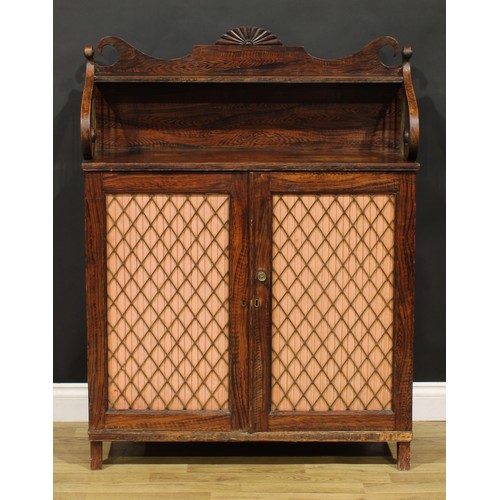 1526 - An unusual George IV simulated rosewood chiffonier, shaped superstructure with shallow shelf, above ... 