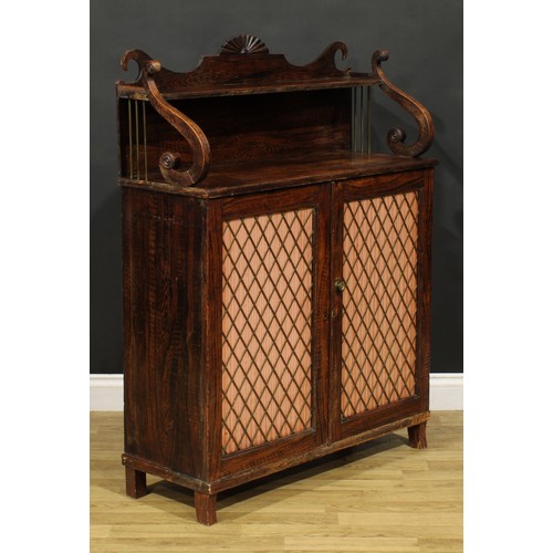 1526 - An unusual George IV simulated rosewood chiffonier, shaped superstructure with shallow shelf, above ... 