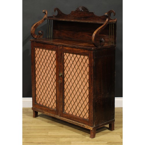 1526 - An unusual George IV simulated rosewood chiffonier, shaped superstructure with shallow shelf, above ... 