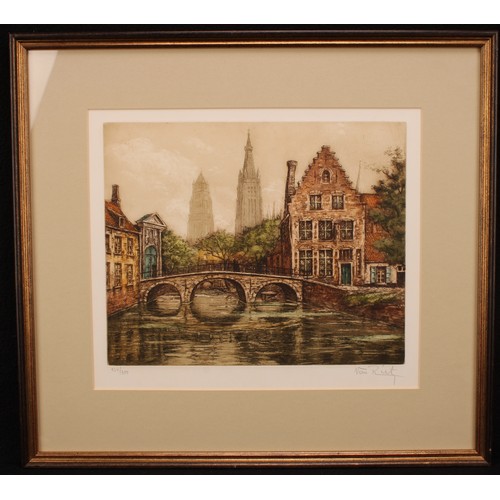 445 - Willy van Riet (1882-1927), by and after Dutch Canal and Spire signed, numbered 134/350, coloured et... 