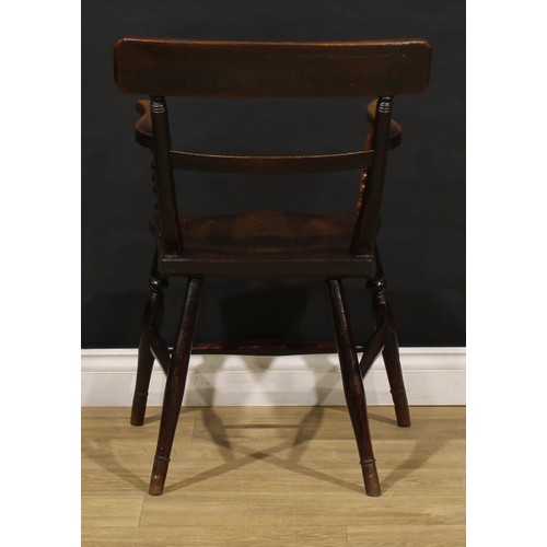 2468 - An early 19th century elm and beech bar back Windsor elbow chair, serpentine arms on bobbin-turned s... 