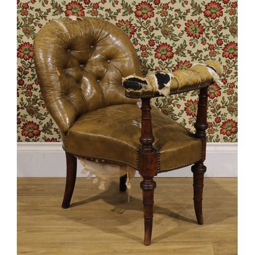 1946 - A Victorian mahogany cockfighting chair or library reading chair, stuffed-over upholstery, turned fo... 