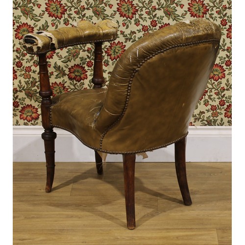 1946 - A Victorian mahogany cockfighting chair or library reading chair, stuffed-over upholstery, turned fo... 