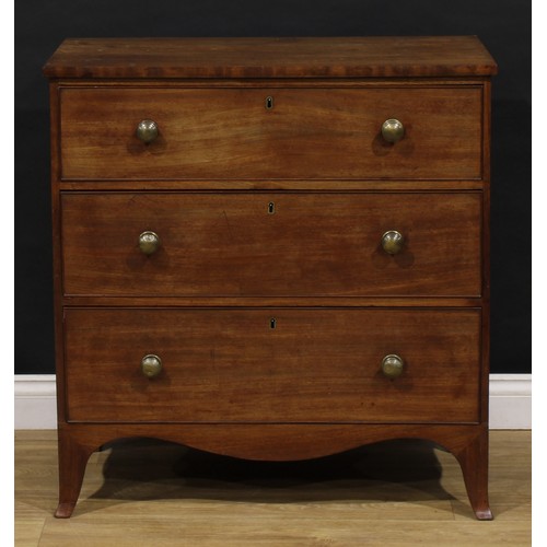 2220 - A 19th century mahogany chest, of three long graduated cockbeaded drawers, serpentine apron, bracket... 