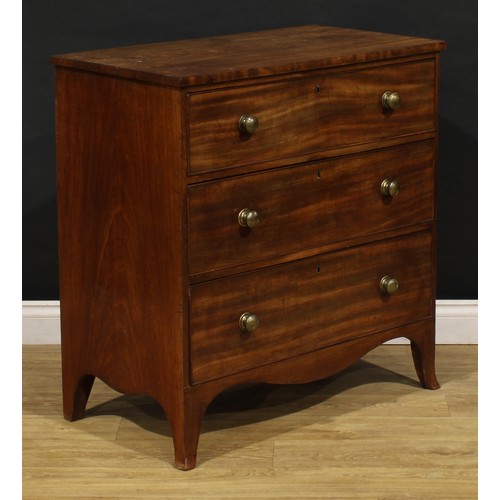 2220 - A 19th century mahogany chest, of three long graduated cockbeaded drawers, serpentine apron, bracket... 