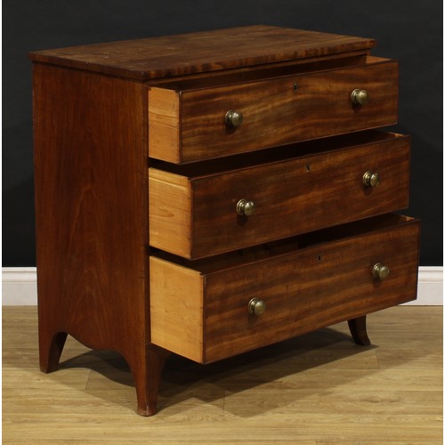 2220 - A 19th century mahogany chest, of three long graduated cockbeaded drawers, serpentine apron, bracket... 