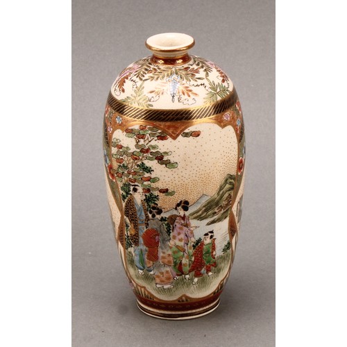 1303 - A Japanese Satsuma ovoid vase, decorated with geisha in a landscape, wisteria and ceremonial objects... 