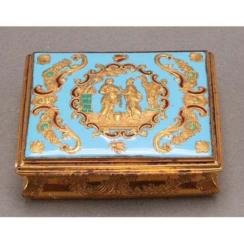 1395 - An 18th century Continental gilt metal and enamel waisted rectangular table snuff box, hinged cover ... 