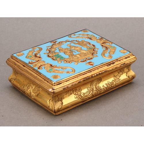 1395 - An 18th century Continental gilt metal and enamel waisted rectangular table snuff box, hinged cover ... 