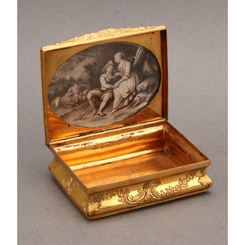 1395 - An 18th century Continental gilt metal and enamel waisted rectangular table snuff box, hinged cover ... 