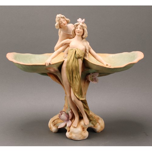 264 - A Royal Dux Art Nouveau figural centrepiece, modelled as nymphs flanked by waterlilies, 35cm high, m... 