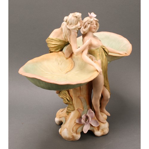 264 - A Royal Dux Art Nouveau figural centrepiece, modelled as nymphs flanked by waterlilies, 35cm high, m... 