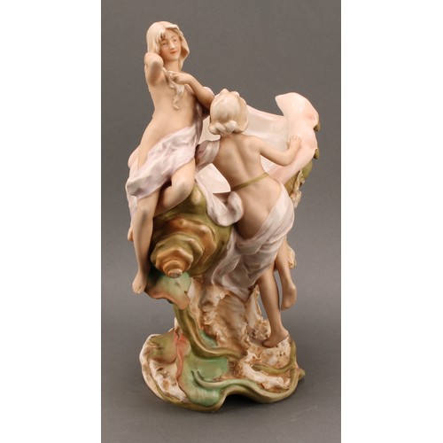 263 - A Royal Dux Art Nouveau figural centrepiece, modelled as nymphs aboard a conch shell, 35cm high, imp... 