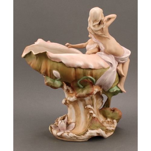 263 - A Royal Dux Art Nouveau figural centrepiece, modelled as nymphs aboard a conch shell, 35cm high, imp... 