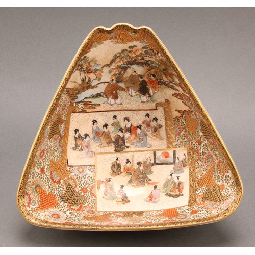 1300 - A Japanese Satsuma Fujiyama shaped bowl, decorated in the typical palette with figures and a rocky l... 