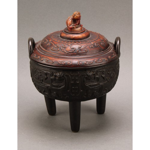 1277 - A Chinese bronze tripod censer, in the Archaic taste, hardwood cover with agate finial carved as a g... 