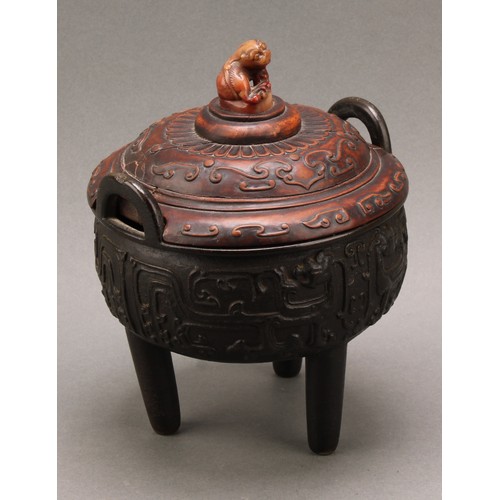 1277 - A Chinese bronze tripod censer, in the Archaic taste, hardwood cover with agate finial carved as a g... 