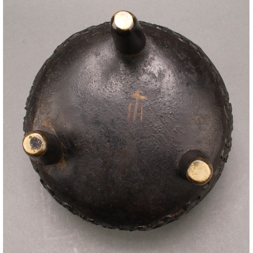 1277 - A Chinese bronze tripod censer, in the Archaic taste, hardwood cover with agate finial carved as a g... 