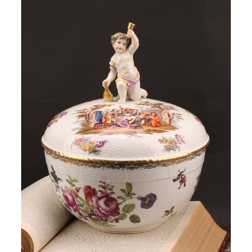 219 - A Berlin porcelain circular tureen and cover, painted in polychrome with genre scenes and Deutsche B... 