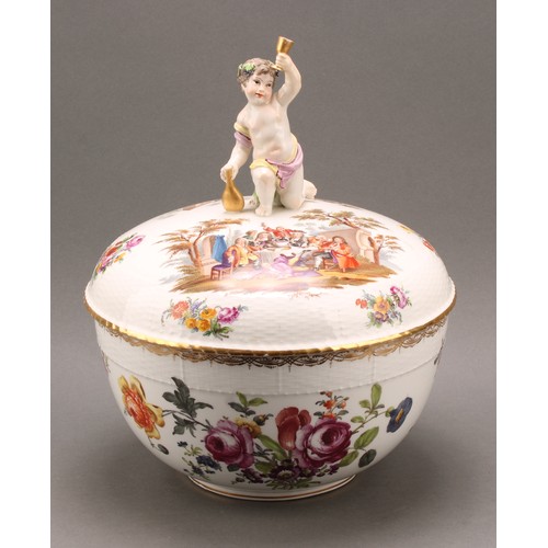 219 - A Berlin porcelain circular tureen and cover, painted in polychrome with genre scenes and Deutsche B... 