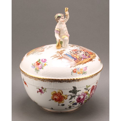 219 - A Berlin porcelain circular tureen and cover, painted in polychrome with genre scenes and Deutsche B... 