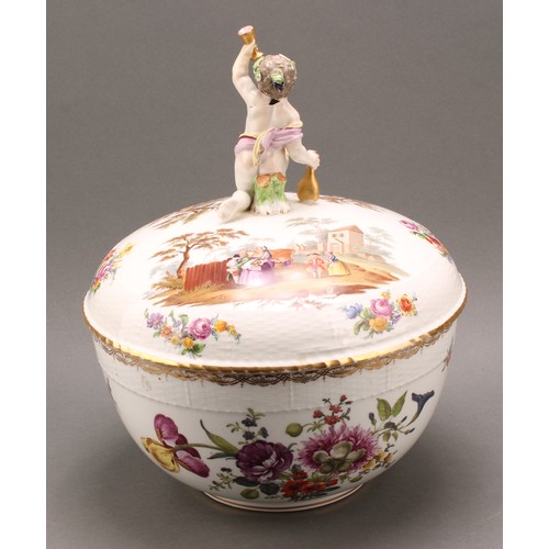 219 - A Berlin porcelain circular tureen and cover, painted in polychrome with genre scenes and Deutsche B... 