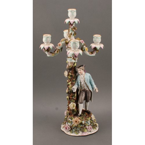 258 - A pair of Sitzendorf porcelain figural five-light candelabra, modelled as a courting couple, each pa... 