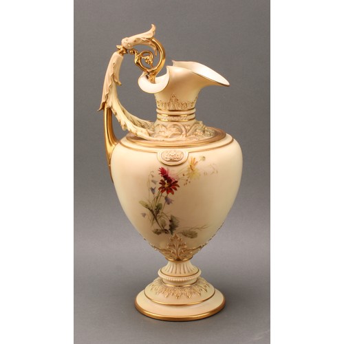 149 - A Royal Worcester ovoid pedestal ewer, moulded with scrolling acanthus and decorated with poppies an... 