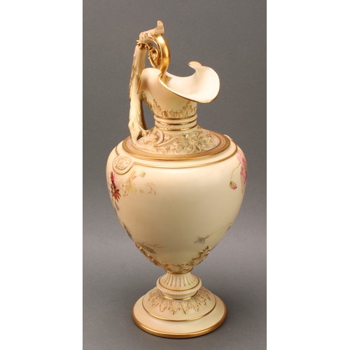 149 - A Royal Worcester ovoid pedestal ewer, moulded with scrolling acanthus and decorated with poppies an... 