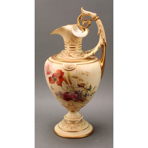 149 - A Royal Worcester ovoid pedestal ewer, moulded with scrolling acanthus and decorated with poppies an... 