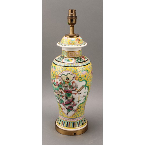 1295 - A Chinese baluster vase, painted in polychrome enamels with warriors on a yellow ground, mounted as ... 